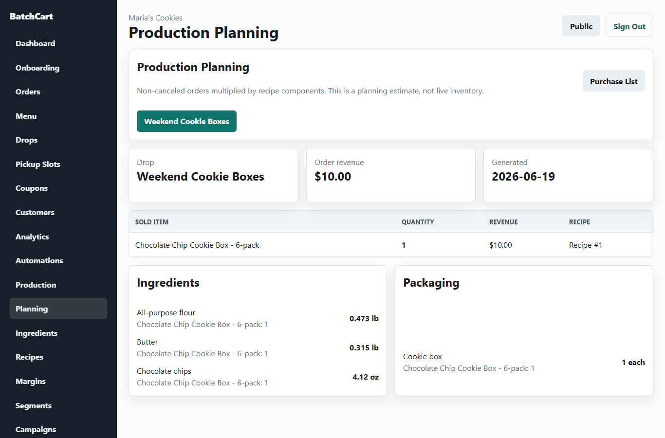 Desktop admin production planning screen